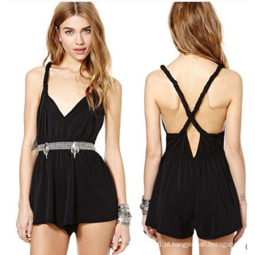 Alta Qualidade Crosback Sexy Romper Preto Verão Chiffon Mulheres Jumpsuite